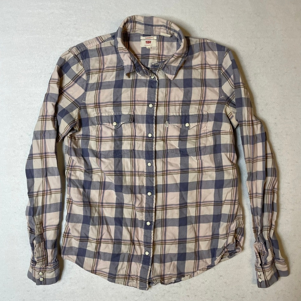 Levi's Womens Classic Fit Plaid Western Shirt Button Up Pink Blue Small